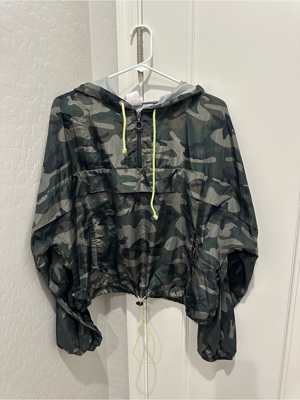 Oversized Camo Windbreaker with Neon Drawcords